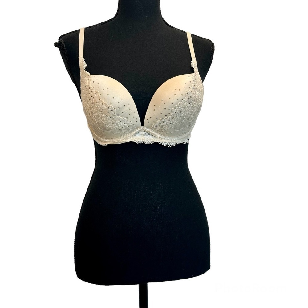 LA Senza Beyond sexy cream crystal rhinestone embellished bra Sz 32D